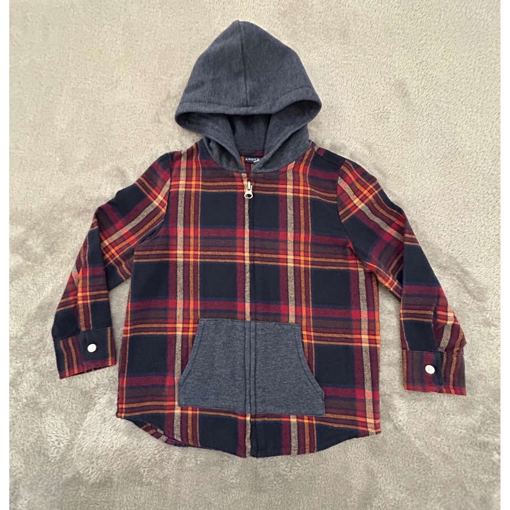 Andy & Evan Boys 4T Plaid Flannel Hoodie Full Zip Red Navy Gray Shirt Jacket